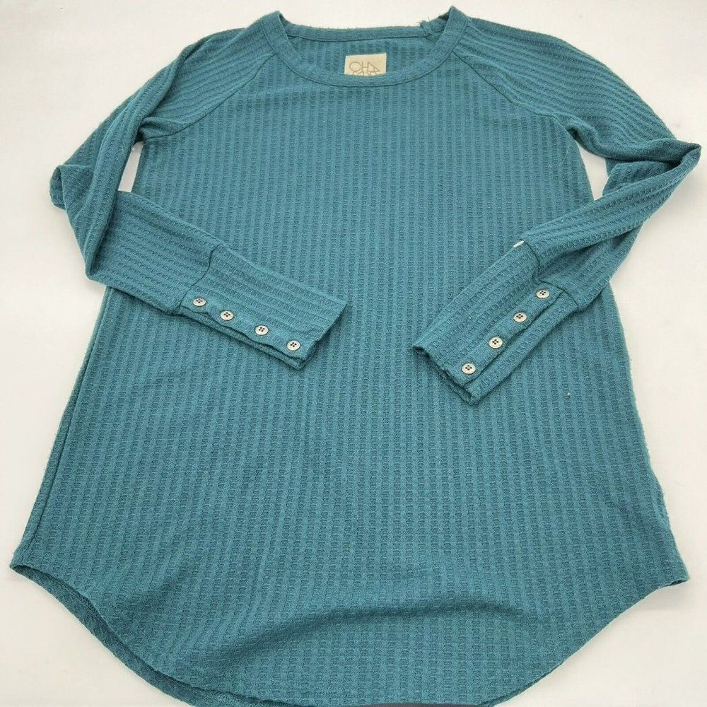 Chaser Size Small Winter Green Waffle Knit Long Sleeve Button Cuff Knit Top